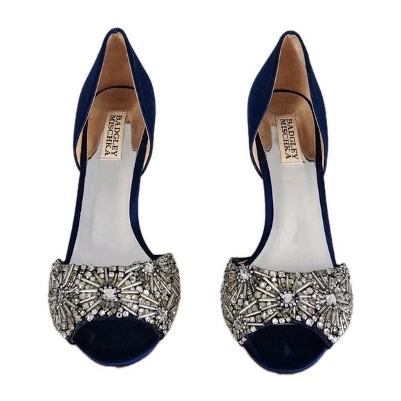 Badgley Mischka Candace Dress Pump Stormy Blue Peep Toe Embellished Size 9 1/2 - Picture 3 of 10
